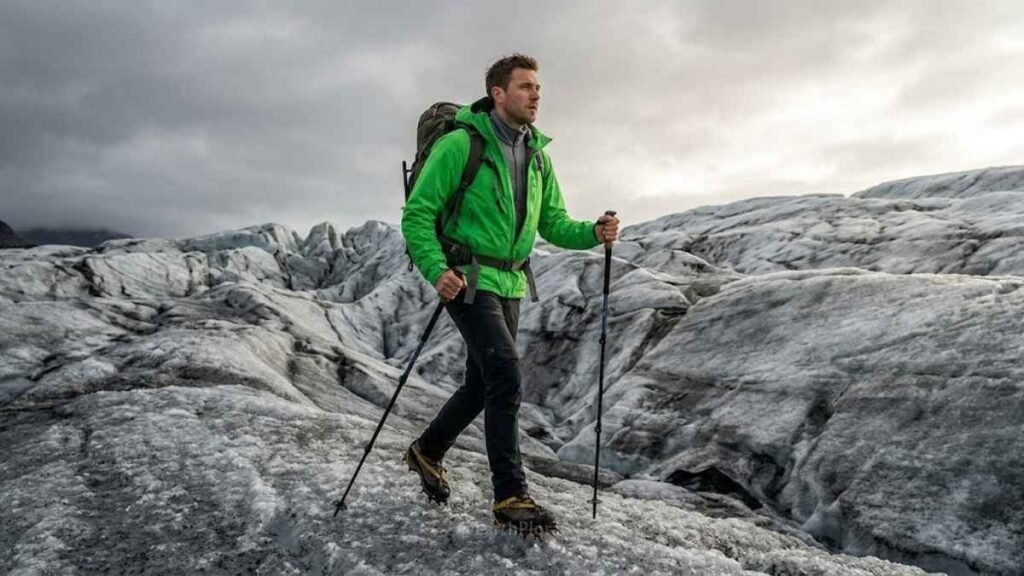 Hiker in full layering system with waterproof shell, mid-layer and base layer on an Icelandic glacier, adventure gear guide