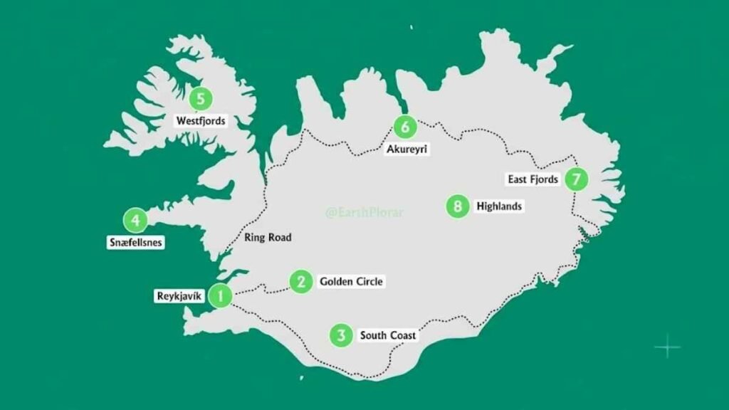 Illustrated infographic map of Iceland's best places to visit for first-time visitors including Golden Circle, South Coast, and Snæfellsnes