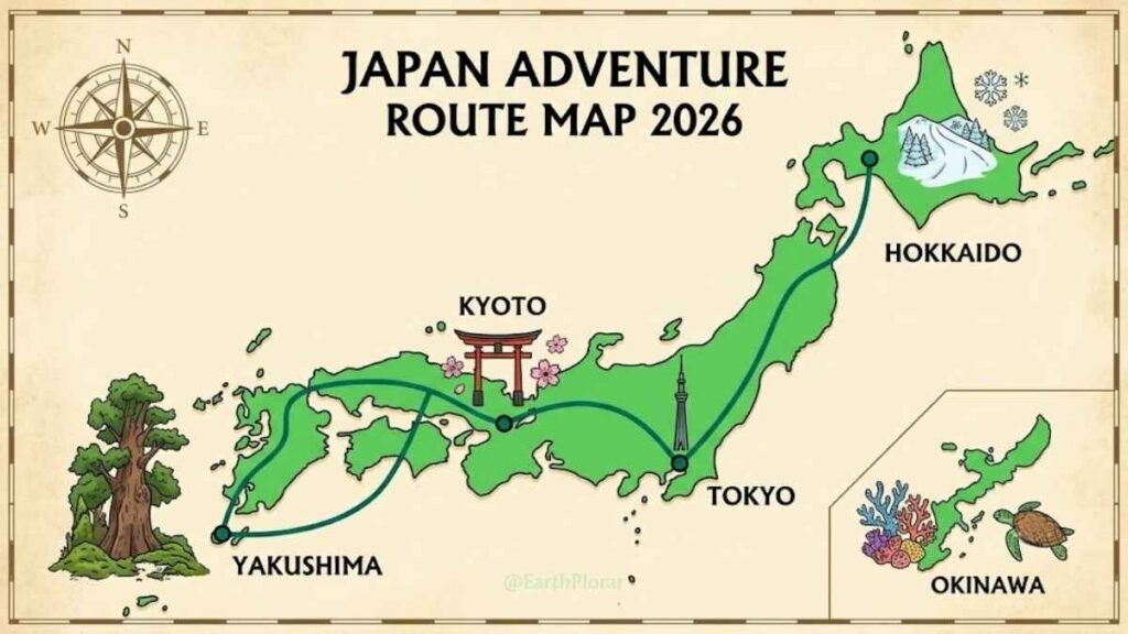 Illustrated adventure travel map of Japan highlighting top destinations including Tokyo, Kyoto, Hokkaido, Okinawa and Yakushima