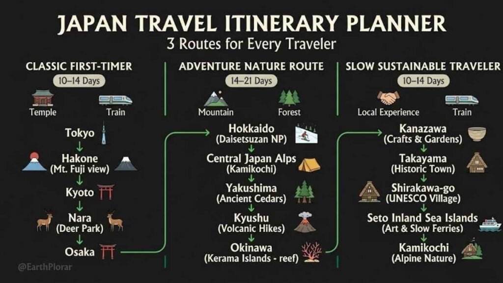 Japan travel itinerary infographic comparing classic Golden Route, adventure nature route, and slow sustainable route for 2026