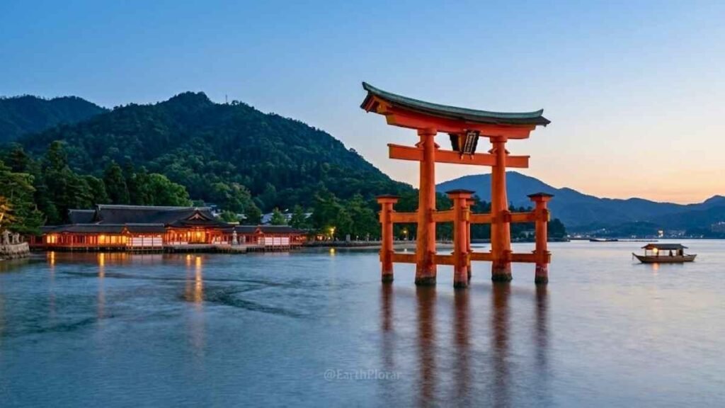 The iconic vermilion floating torii gate of Itsukushima Shrine at high tide, Miyajima Island Japan, best places to visit