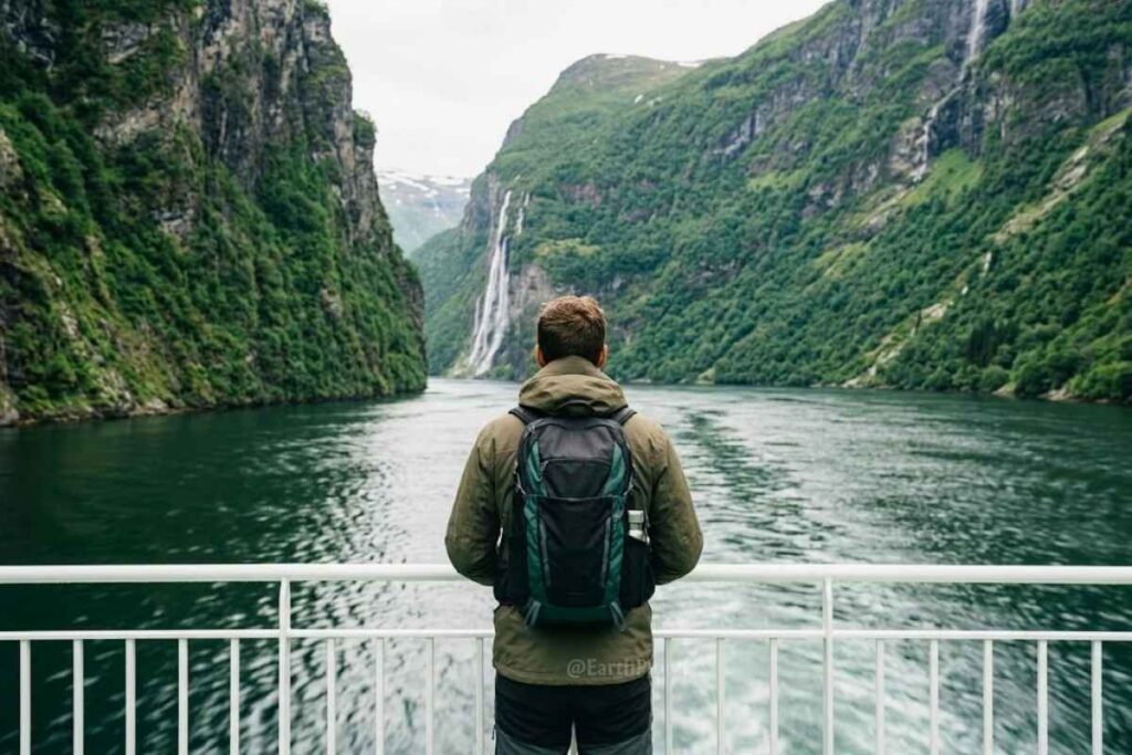 Traveler on a ferry deck looking out at Nærøyfjord, one of the best places to visit in Norway