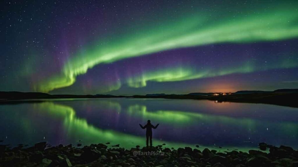 Vivid green and purple Northern Lights aurora borealis reflected in Lake Mývatn, North Iceland, best Iceland destinations