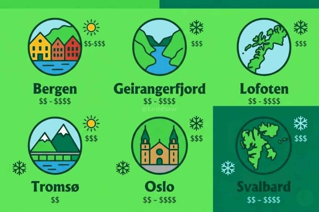 Infographic comparing Bergen, Geiranger, Lofoten, Tromsø, Oslo, and Svalbard by season and budget