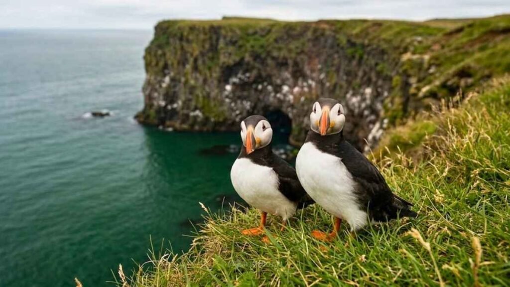 Atlantic puffin perched at the edge of Látrabjarg cliff in Iceland's Westfjords, ocean backdrop, best Iceland wildlife