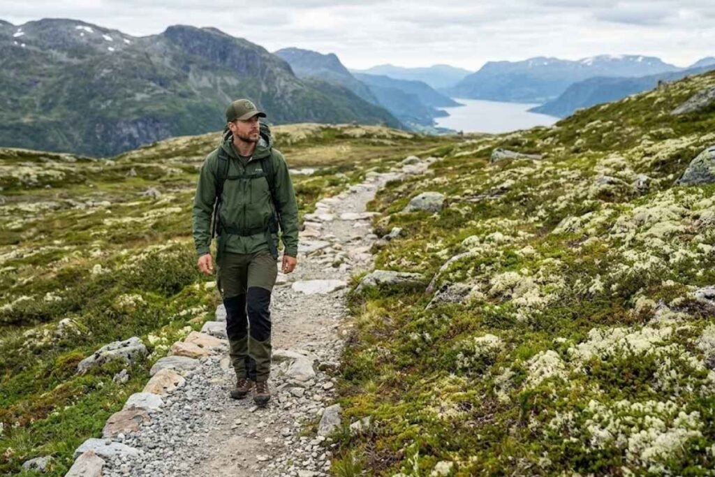 Hiker following a marked trail in Norwegian wilderness to protect natural sites