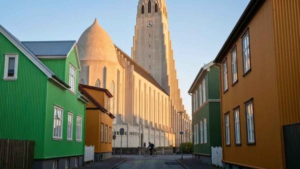 Hallgrímskirkja church in Reykjavík at golden hour with colourful old town rooftops in the foreground, best places Iceland