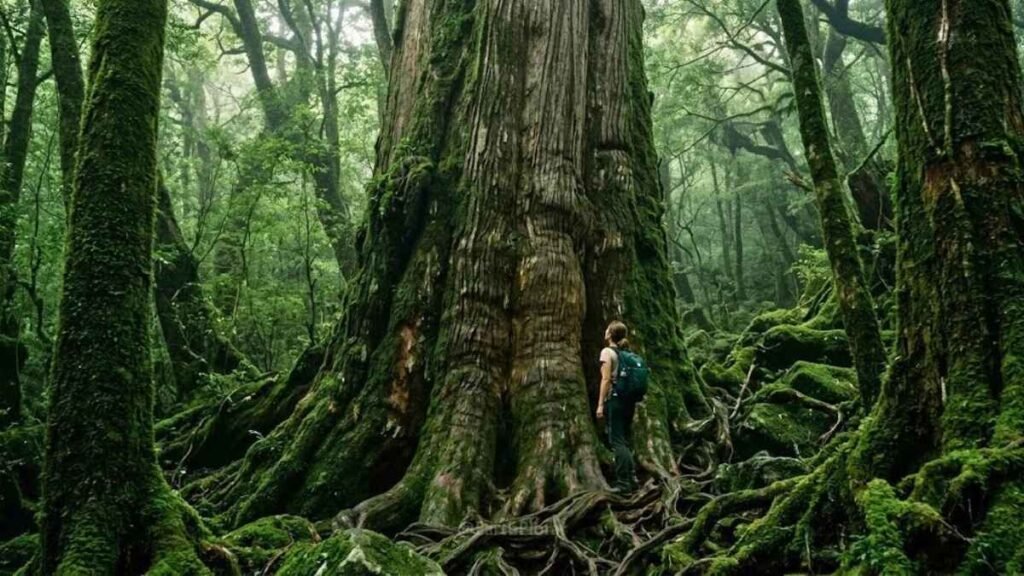 Hiker dwarfed by ancient yakusugi cedar trees in the moss-covered primordial forest of Yakushima Island Japan
