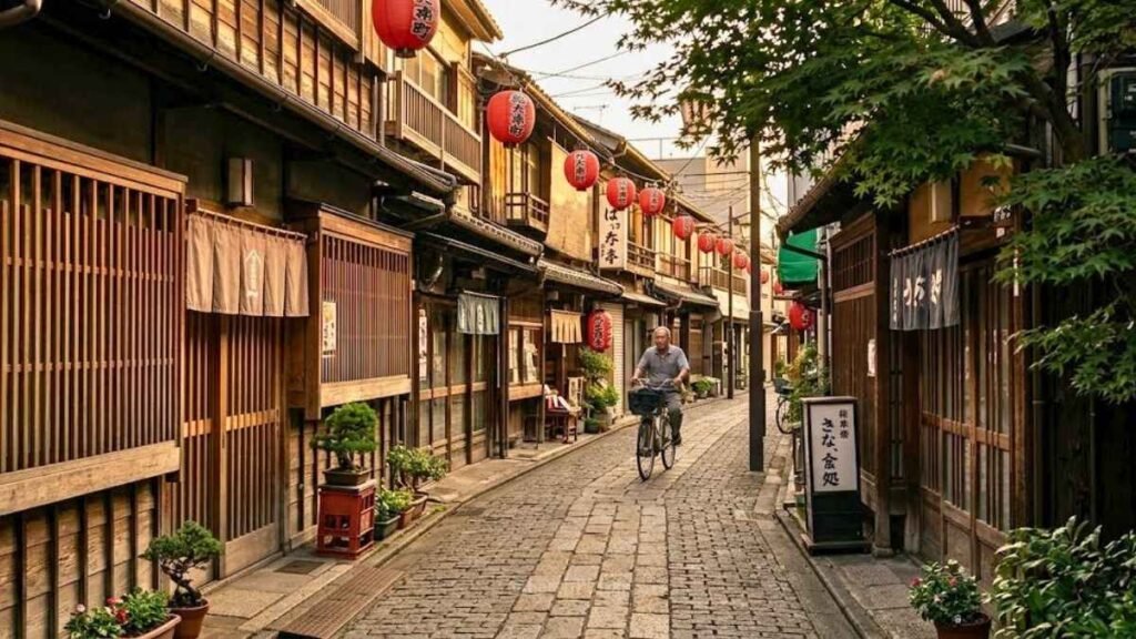 Narrow traditional shopfront street in Yanaka Tokyo with wooden buildings and lanterns, off-the-beaten-path Japan travel