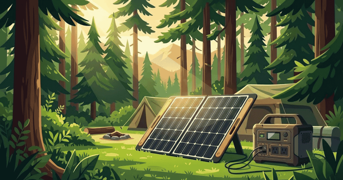 A portable solar panel and power station set up in a lush, sunny green forest clearing.